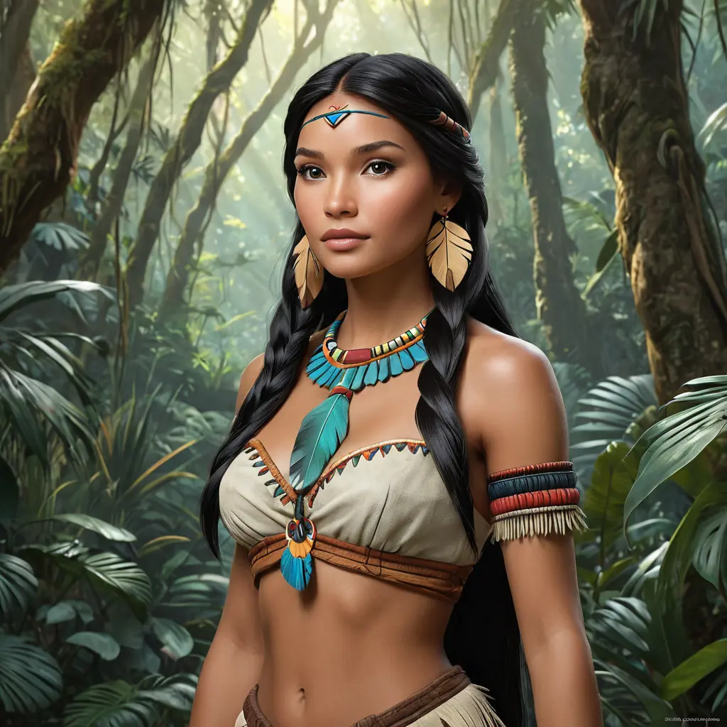 Matte portrait of Disney's Pocohontas in a jungle, Ultra Detailed, Half Body, Beautiful, Matte Painting, Sharp Focus, Portrait, Fantasy by Stanley Artgerm Lau