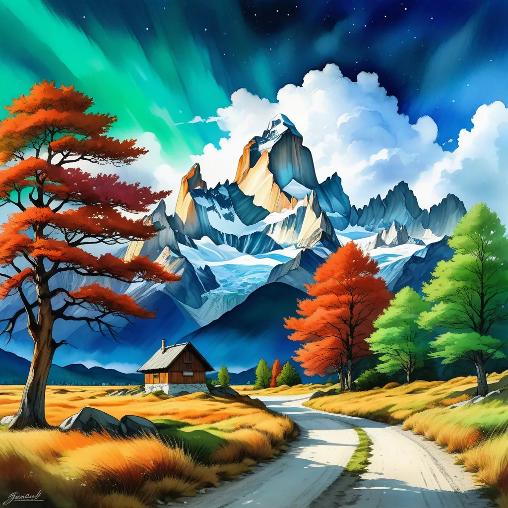 painting of evening sky, low thunder clouds foothpath with trees at indian summer with zugspitze fitz roy in background, colours green, red, blue black and white, acuarela, Highly Detailed, Beautiful, Digital Painting, Anime, Fantasy by Studio Ghibli