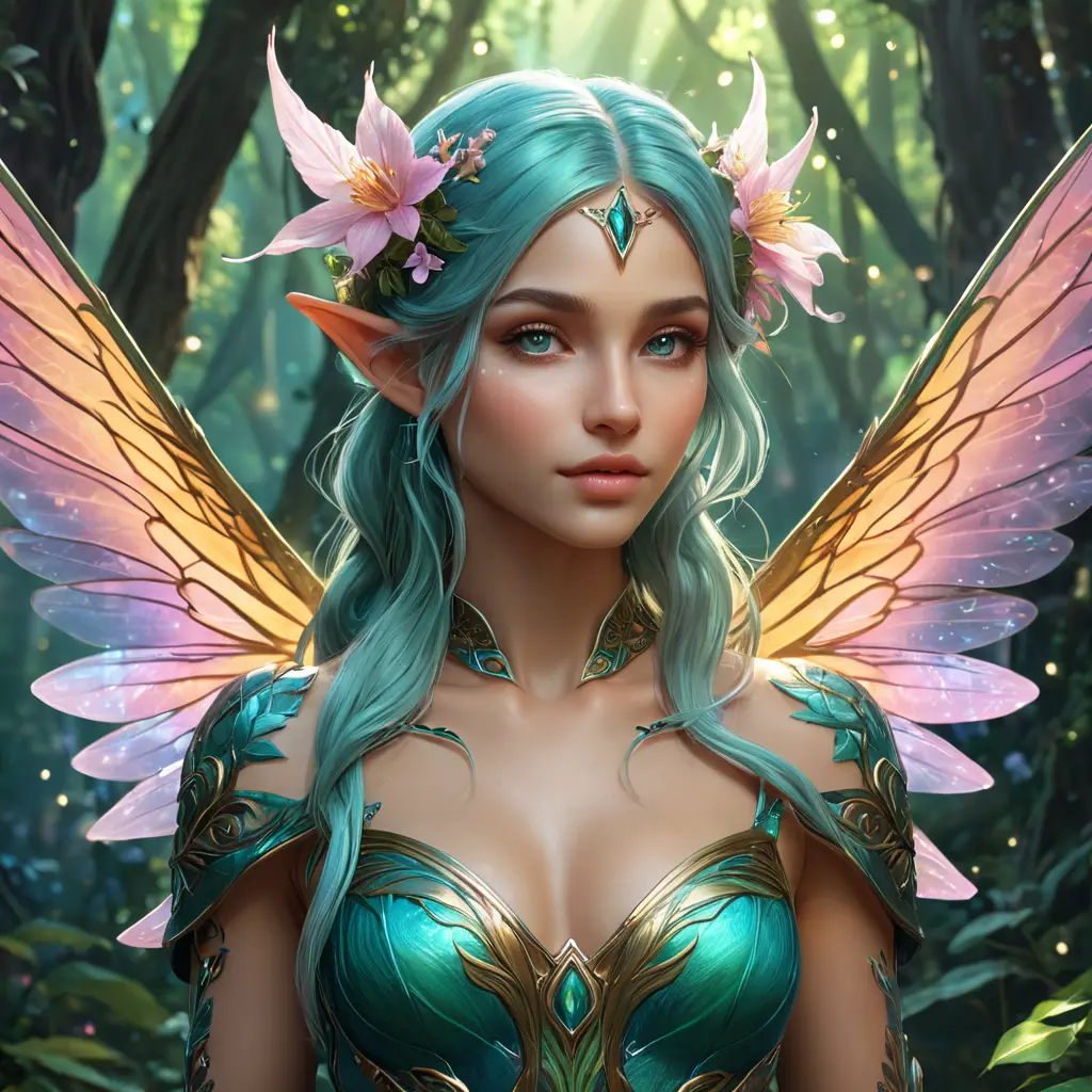 Beautiful elf in a magical forest, 4k, Highly Detailed, Hyper Detailed, Masterpiece, Full Body, Cosmic Nebulae, Full Lips, Pretty Face, Tattoos, Wings, Digital Illustration, Bloom light effect, Cinematic Lighting, Realistic, Sharp Focus, Deviantart, Centered, Beautifully Lit, Bioluminescent, Radiant, Vibrant Colors by Stanley Artgerm Lau, Alphonse Mucha, Greg Rutkowski, Stefan Kostic