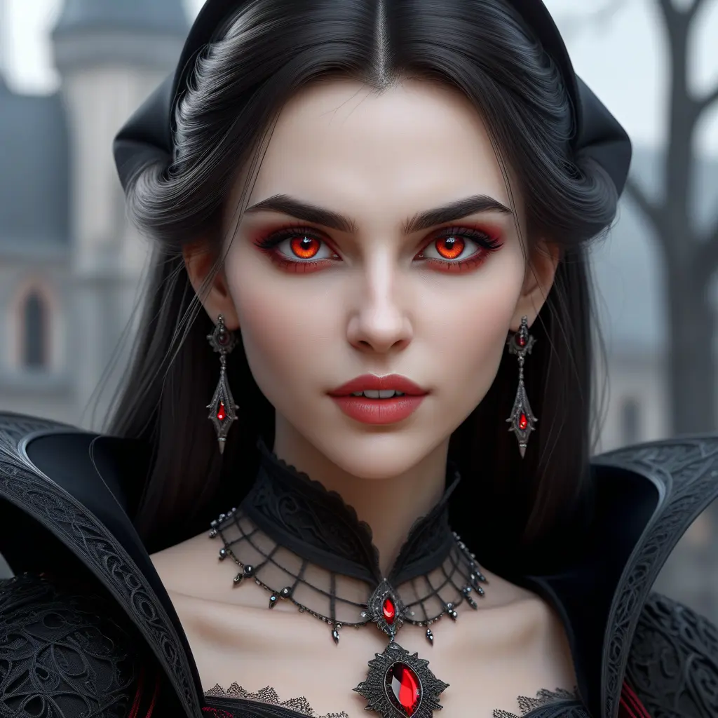 A beautiful romanian vampire woman with penetrating red bright eyes, long fangs, perfect face, 8k, Hyper Detailed, Intricate Details, Masterpiece, Contemporary, Full Body, Trending on Artstation, Gothic, Deviantart, Concept Art by WLOP