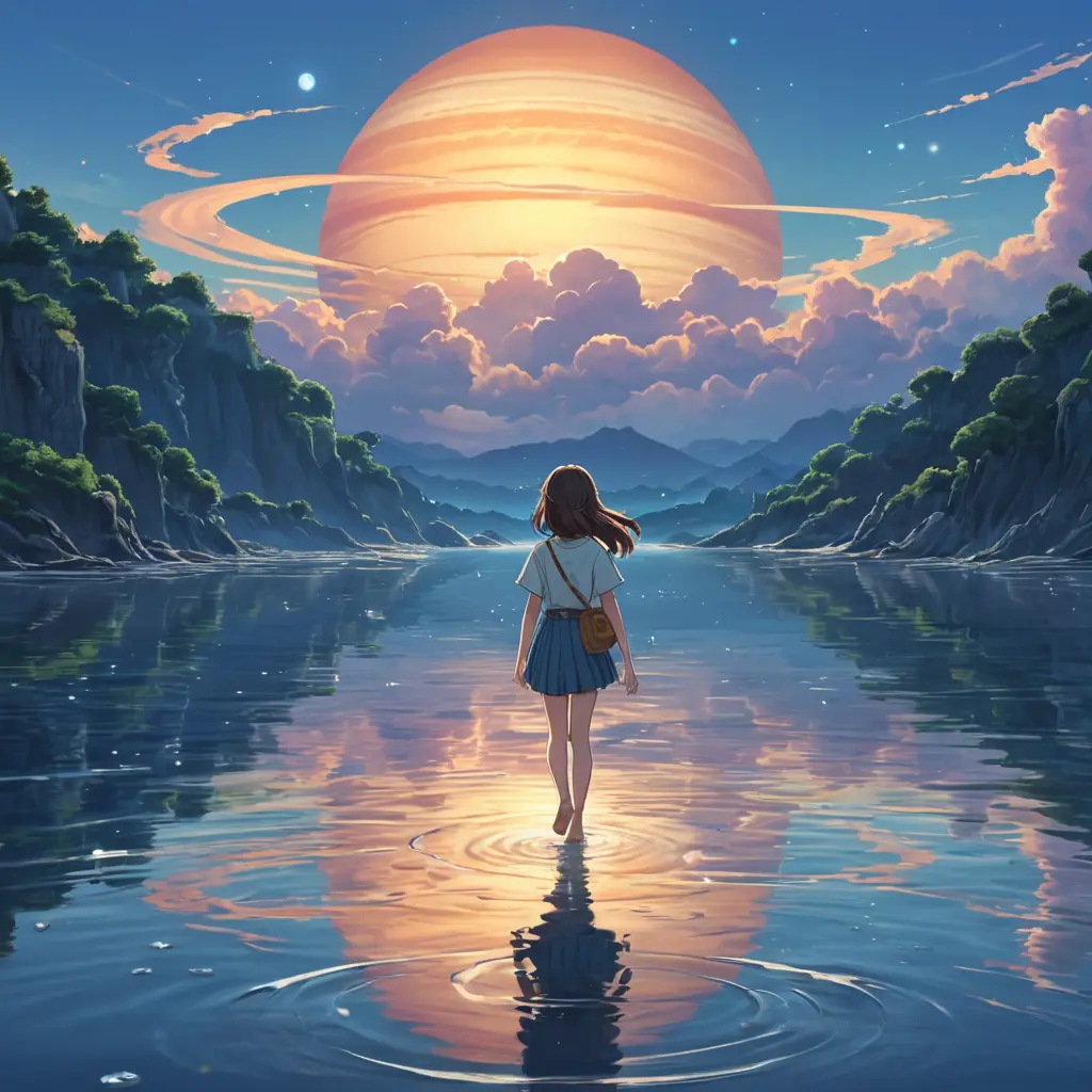 Anime girl walking on water, ripples, backdrop of dawn, saturn in the background, Highly Detailed, Beautiful, Digital Painting, Anime, Fantasy by Studio Ghibli