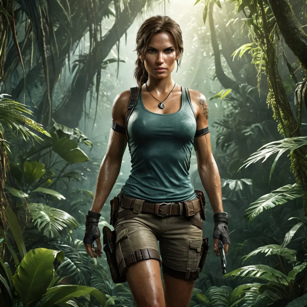 Full body portrait of a beautiful armed Lara Croft emerging from the jungle, Highly Detailed, Intricate, Sharp Focus, Volumetric Lighting, Fantasy, Elegant, Threatening by Greg Rutkowski