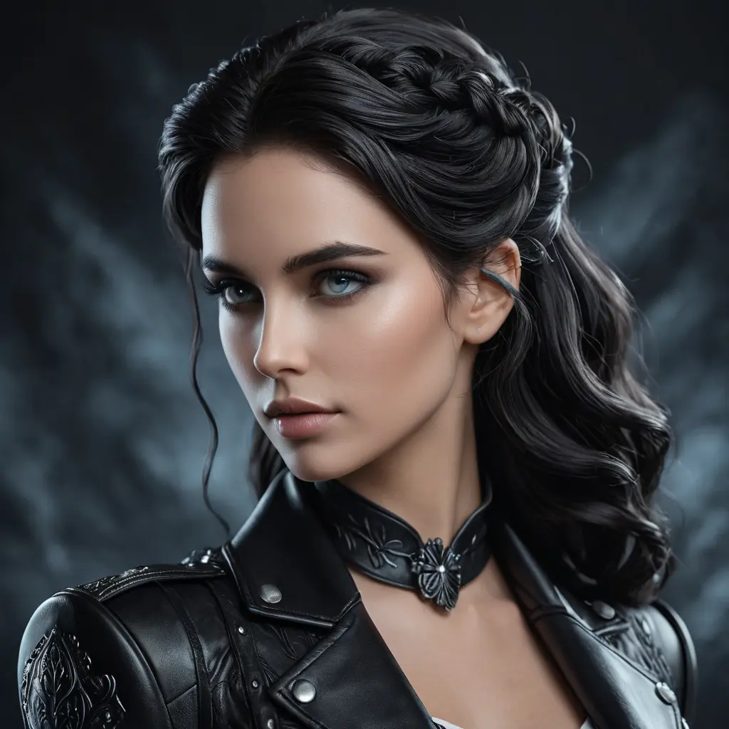 Alluring matte portrait of the beautiful goddess Selene in black leather, Highly Detailed, Intricate, Realistic, Sharp Focus, Volumetric Lighting, Fantasy, Elegant