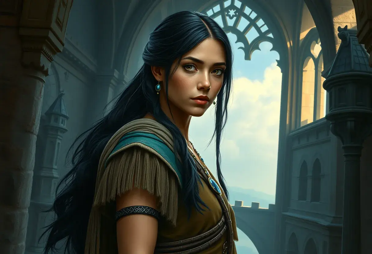 Matte portrait of Pocohontas inside a castle, Ultra Detailed, Half Body, Beautiful, Matte Painting, Sharp Focus, Portrait, Fantasy by Stefan Kostic