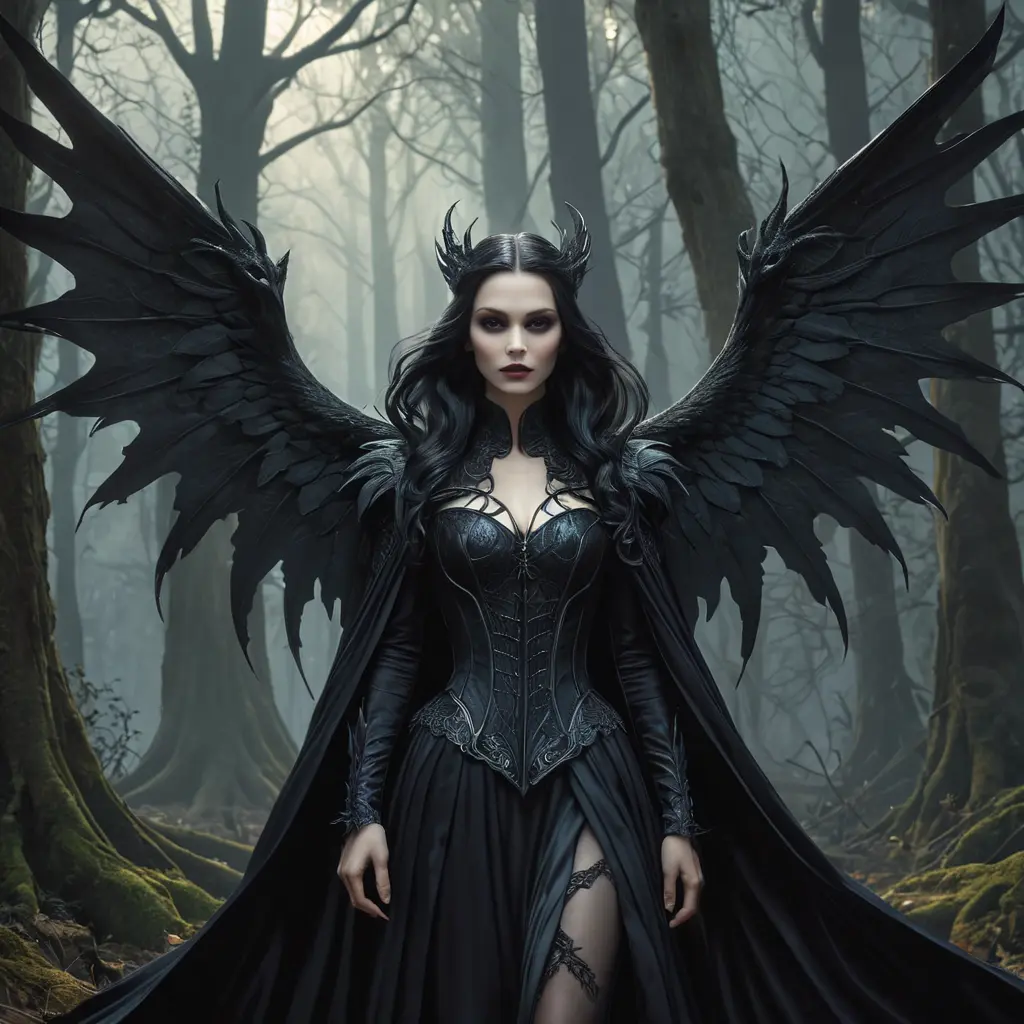 Winged vampiress in a haunted forest, Highly Detailed, Intricate, Gothic, Volumetric Lighting, Fantasy, Dark by Stanley Artgerm Lau