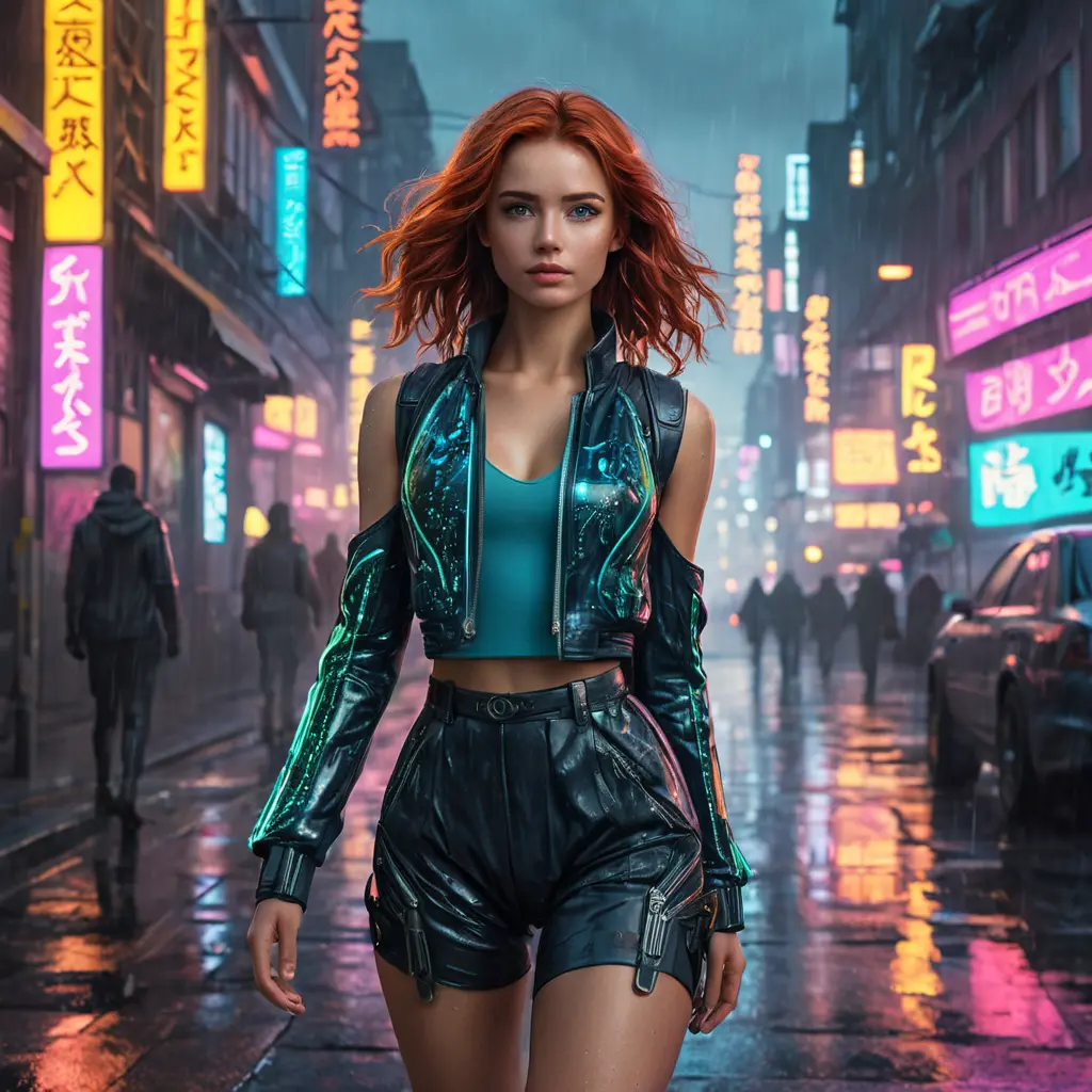 full body shot, beautiful woman walking with beatiful and detailed eyes, dynamic pose, slightly athletic beatiful body, medium-sized chest, detailed attire, Hyper Detailed, Intricate Artwork, Masterpiece, Cybernatic and Sci-Fi, Cyberpunk, Freckles, Full Lips, Red Hair, Smiling, Digital Illustration, Cityscape, Blade Runner 2049, Neon light effect, Realistic, Sharp Focus, Wide Angle, Neon, Dripping Colors, Matte, Futurism, Artwork, Dieselpunk, Colorful, Dynamic, Elegant, Expressive, Graceful, Hot, Gloomy, Sad, Stormy, Terrifying, Tired