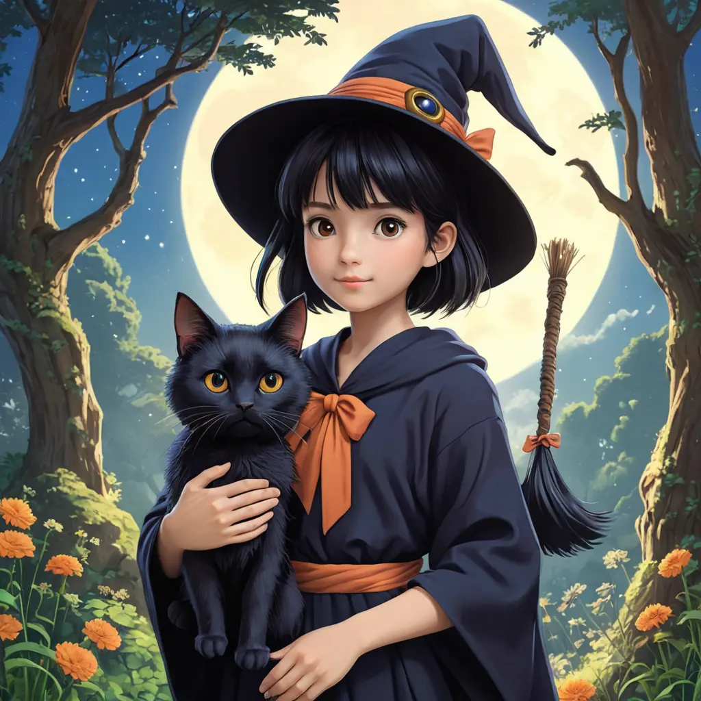 Kiki the witch and Jiji the cat, Highly Detailed, Beautiful, Digital Painting, Anime, Fantasy by Studio Ghibli