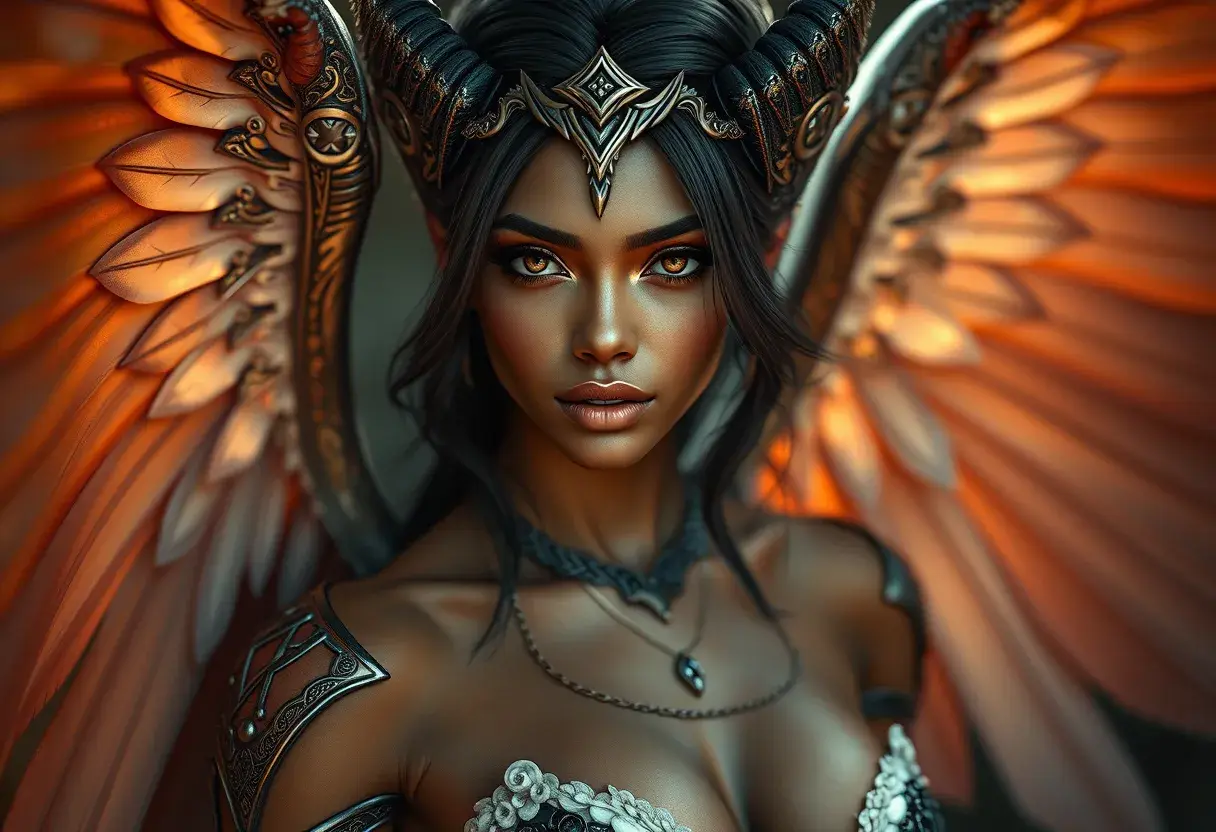 Alluring matte portrait of a beautiful Nidalee with wings, 8k, Highly Detailed, Intricate, Half Body, Realistic, Sharp Focus, Volumetric Lighting, Fantasy, Elegant by Stanley Artgerm Lau, WLOP