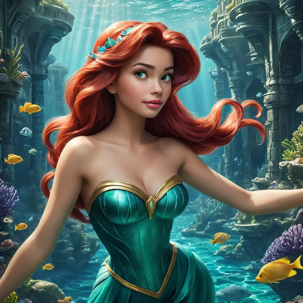 Matte portrait of Disney's Ariel in the under water city of Atlantis, Ultra Detailed, Half Body, Beautiful, Matte Painting, Sharp Focus, Portrait, Fantasy by Stanley Artgerm Lau