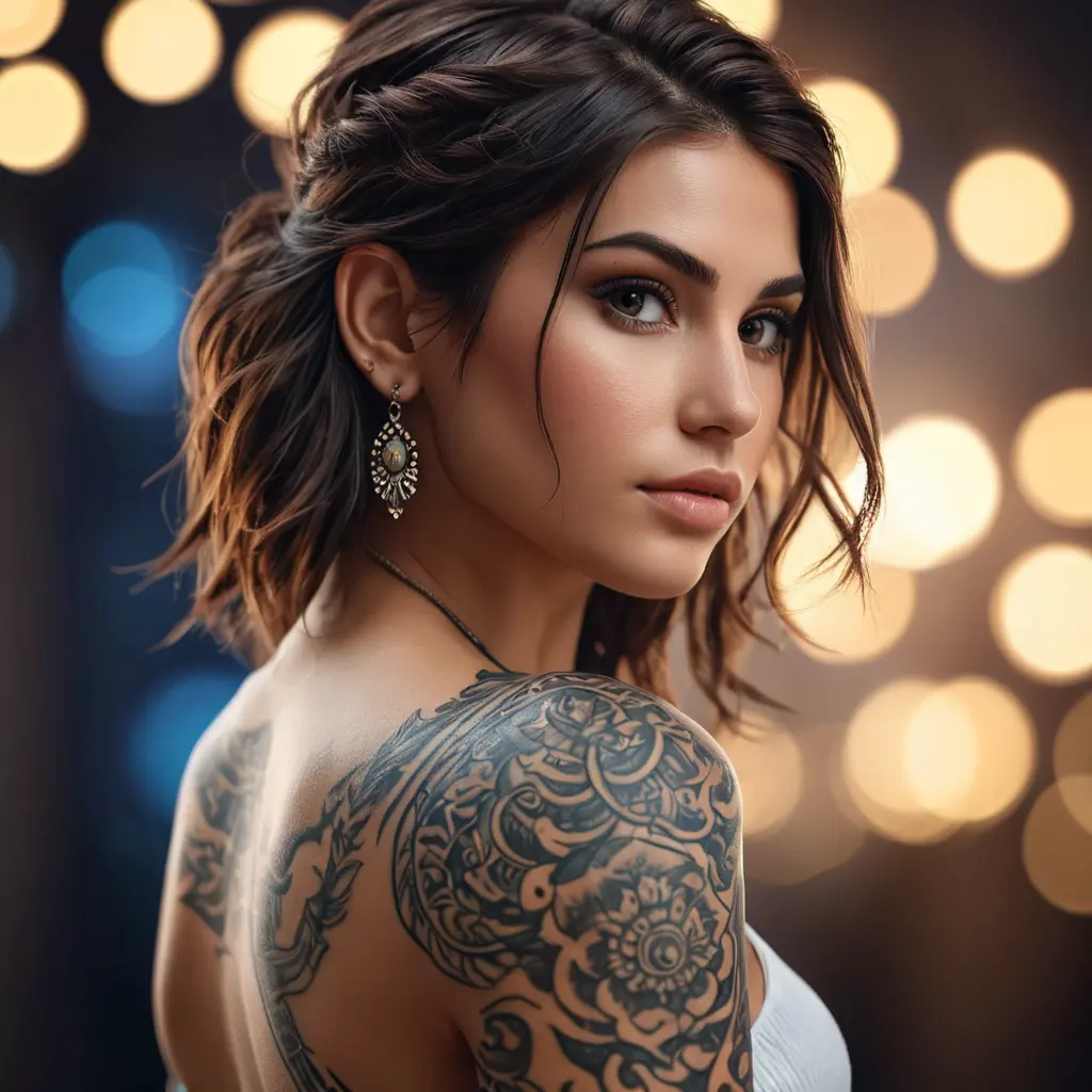 A half body portrait of a beautiful Kassandra with tattoos, Alluring, Half Body, Bokeh effect, Photo Realistic, Sharp Focus, Volumetric Lighting