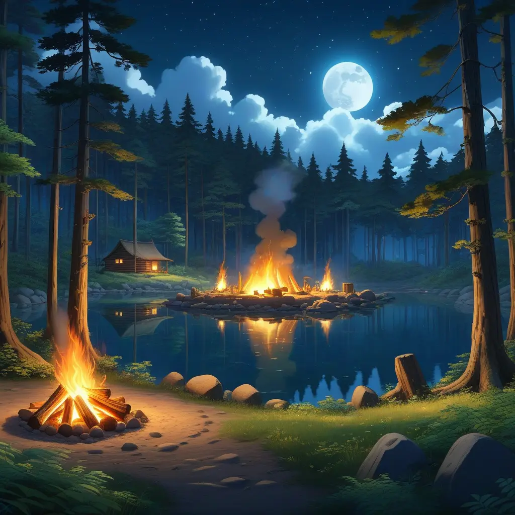 matte painting of a camp fire in the forest at night, Highly Detailed, Beautiful, Digital Painting, Anime, Fantasy by Studio Ghibli