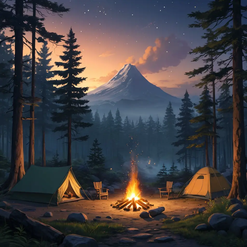 matte painting of a camp fire in the forest at night, Highly Detailed, Beautiful, Digital Painting, Anime, Fantasy by Studio Ghibli