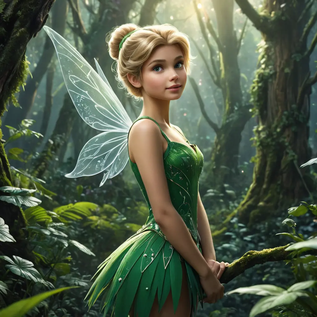 Tinker Bell in a magical forest, Half Body, Beautiful, Matte Painting, Sharp Focus, Fantasy