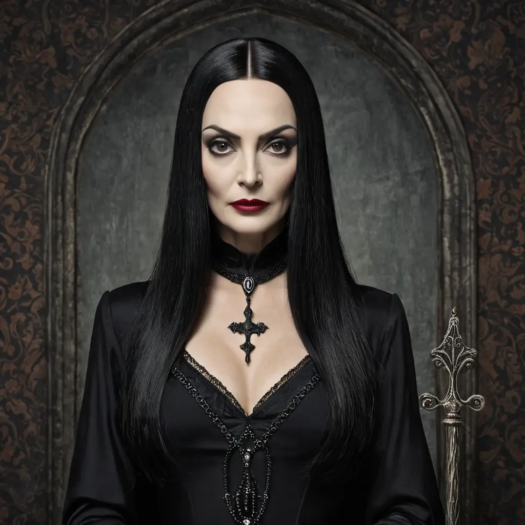 American Gothic Morticia Addams, Gothic and Fantasy, Half Body, Portrait, Threatening