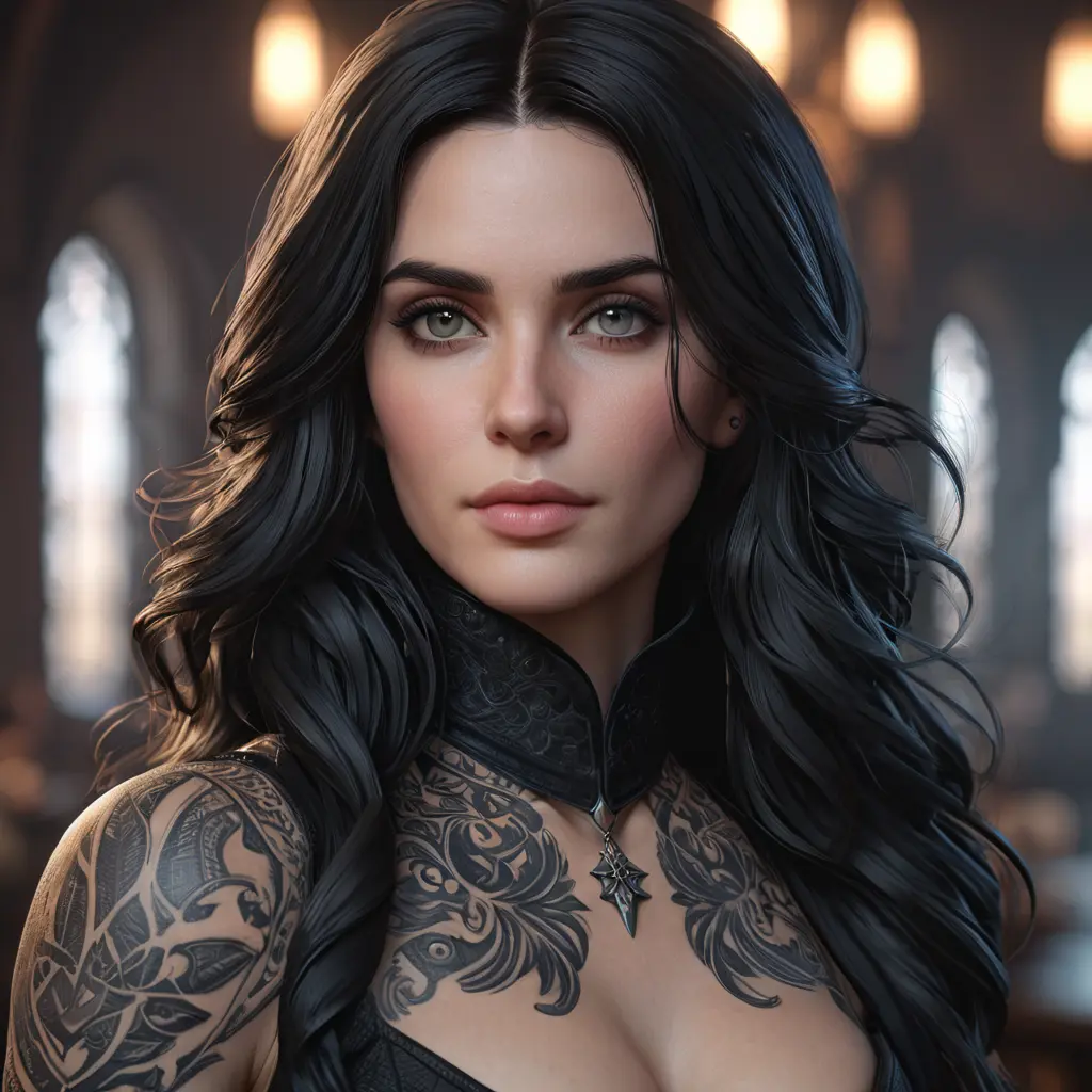 Matte portrait of Yennefer with tattoos, 8k, Highly Detailed, Alluring, Artstation, Bokeh effect, Sharp Focus, Volumetric Lighting, Concept Art by Stanley Artgerm Lau, Greg Rutkowski