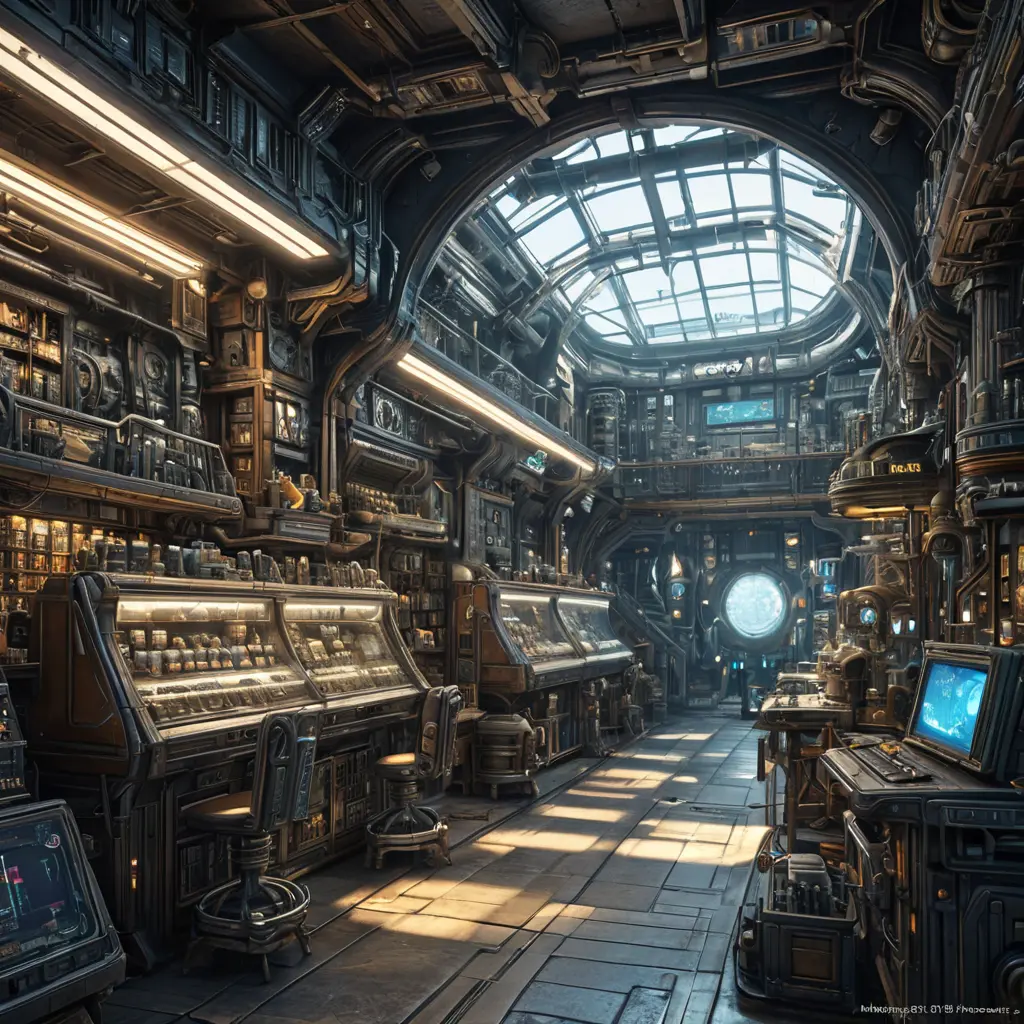 futuristic antique shop, 8k, Dystopian, High Definition, Highly Detailed, Hyper Detailed, Intricate, Intricate Artwork, Intricate Details, Ultra Detailed, Cgsociety, Cybernatic and Sci-Fi, Post-Apocalyptic, Biomechanical, Biopunk, Cassette Futurism, Cyberpunk, Futuristic, Lunarpunk, Pixiecore, Sci-Fi, Science Fiction, Solarpunk, Sparklecore, Unimaginable Beauty, Voidpunk, Matte Painting, Sharp Focus by Stefan Kostic