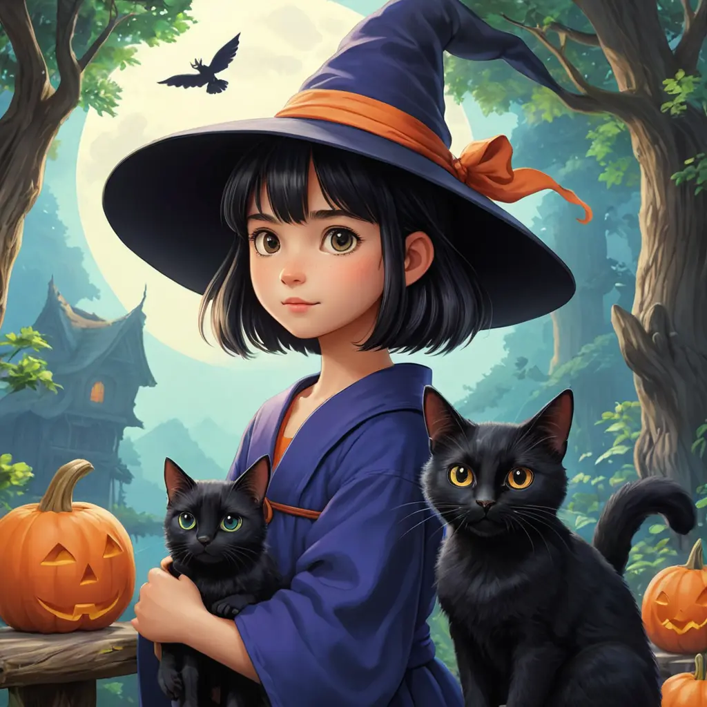 Kiki the witch and Jiji the cat, Highly Detailed, Beautiful, Digital Painting, Anime, Fantasy by Studio Ghibli