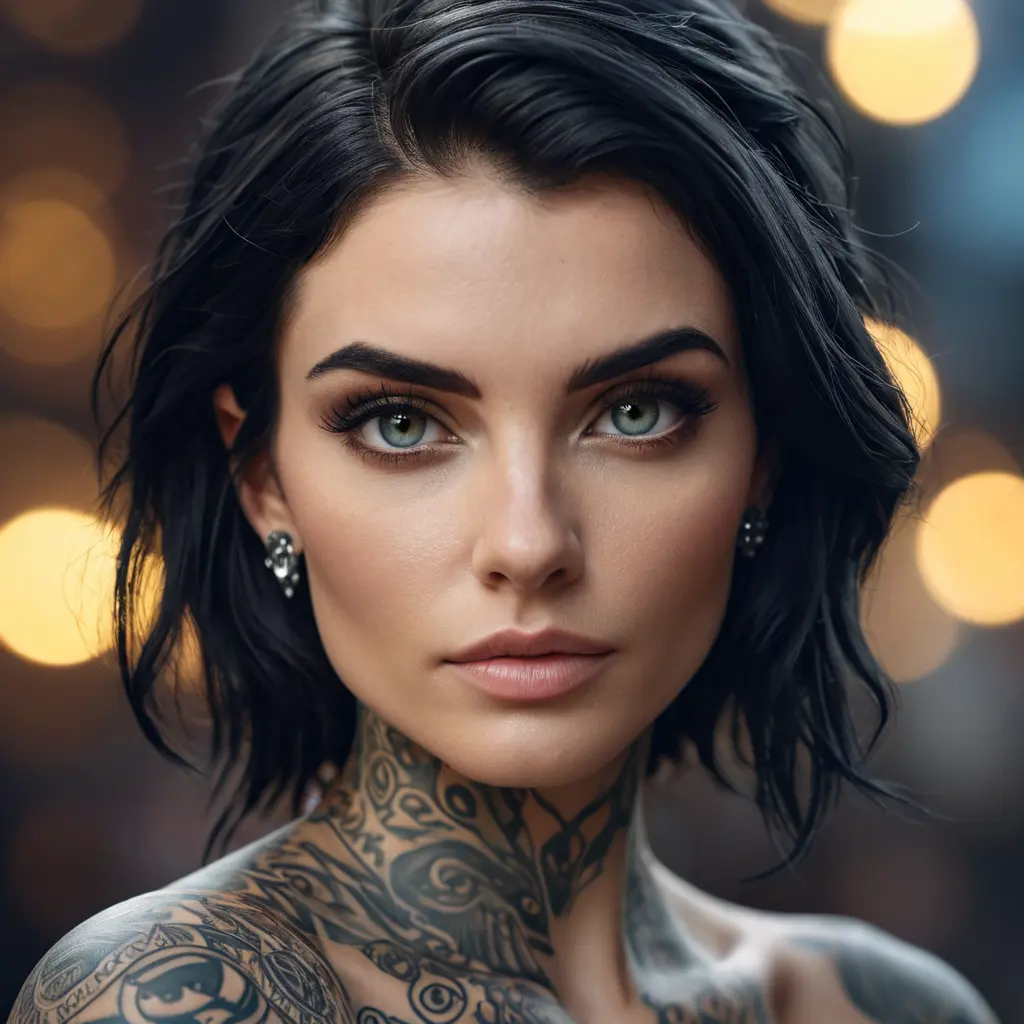 Matte portrait of Morgana with tattoos, Highly Detailed, Alluring, Bokeh effect, Sharp Focus, Volumetric Lighting