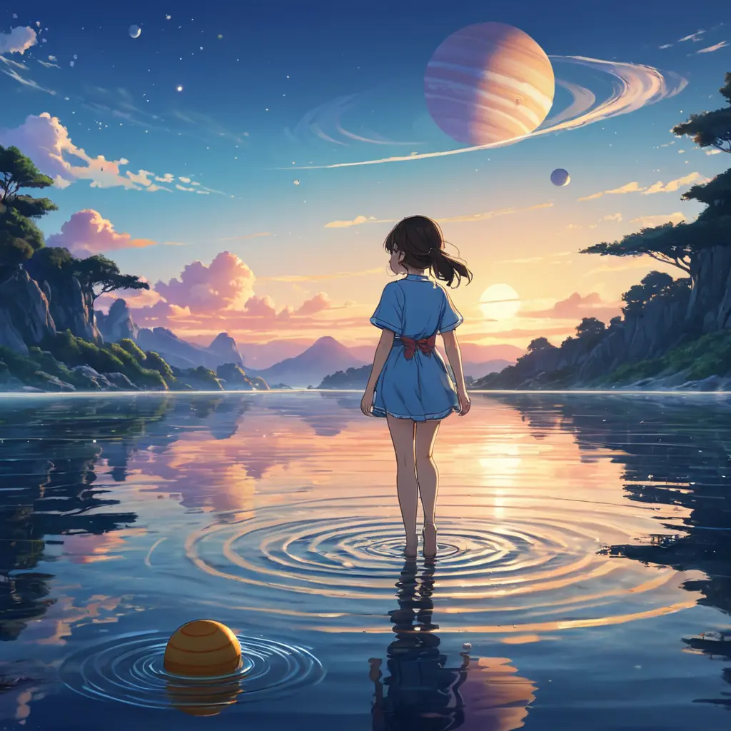 Anime girl walking on water, ripples, backdrop of dawn, saturn in the background, Highly Detailed, Beautiful, Digital Painting, Anime, Fantasy by Studio Ghibli