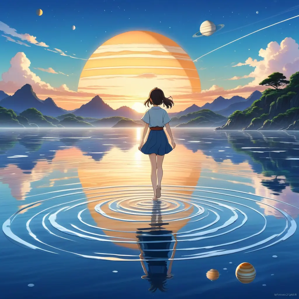 Anime girl walking on water, ripples, backdrop of dawn, saturn in the background, Highly Detailed, Beautiful, Digital Painting, Anime, Fantasy by Studio Ghibli