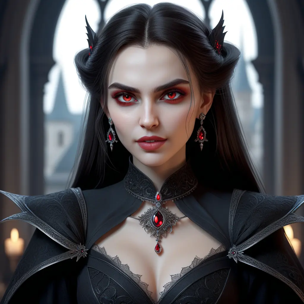 A beautiful romanian vampire woman with penetrating red bright eyes, long fangs, perfect face, 8k, Hyper Detailed, Intricate Details, Masterpiece, Contemporary, Full Body, Trending on Artstation, Gothic, Deviantart, Concept Art by WLOP