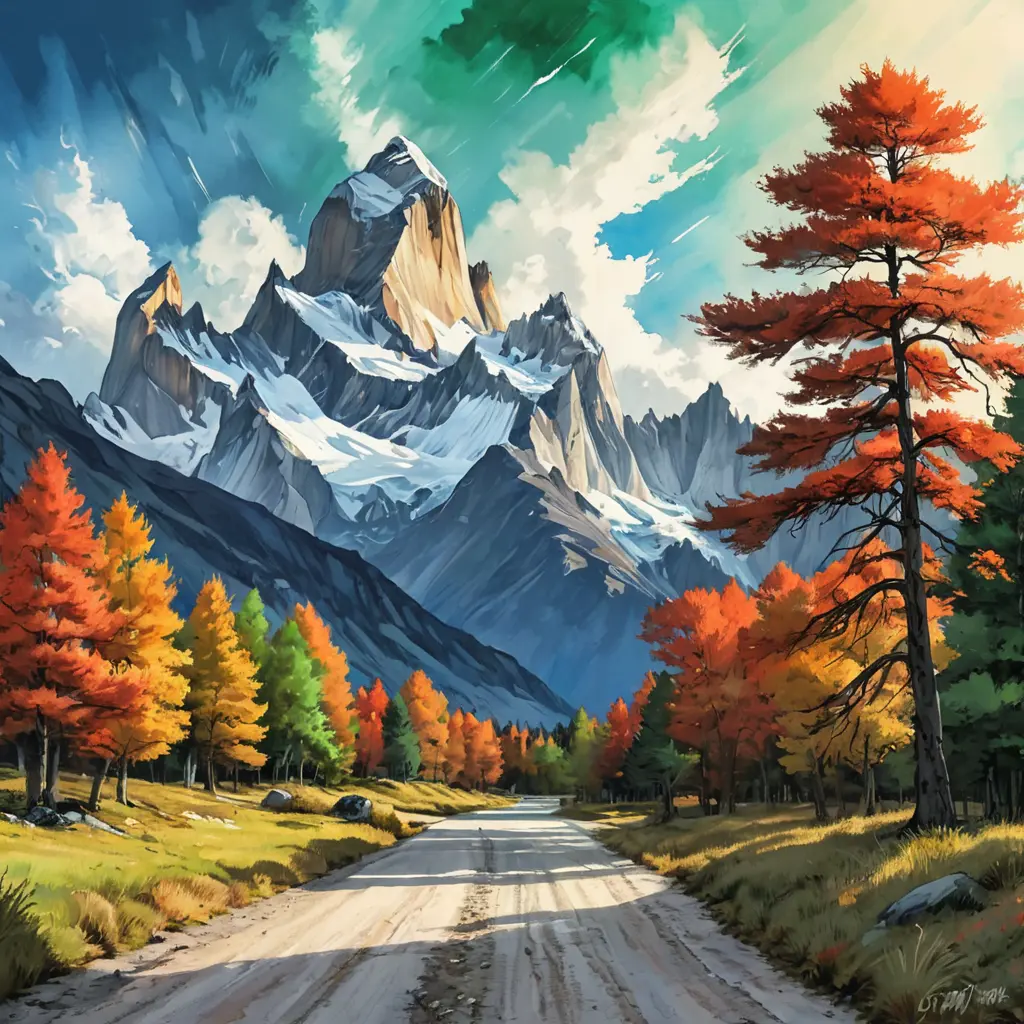 painting of evening sky, low thunder clouds foothpath with trees at indian summer with zugspitze fitz roy in background, colours green, red, blue black and white, acuarela, Highly Detailed, Beautiful, Digital Painting, Anime, Fantasy by Studio Ghibli