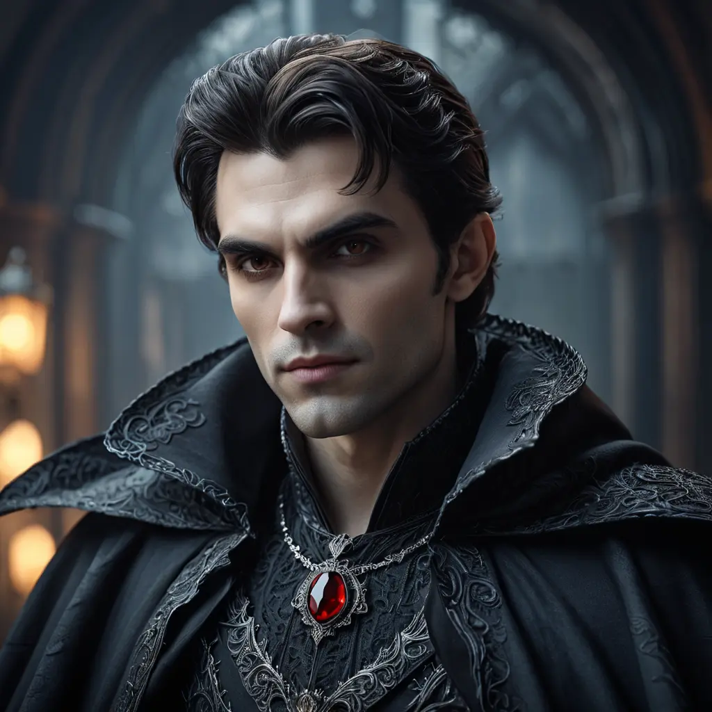 Alluring highly detailed matte portrait of a beautiful caped vampire in the style of Stefan Kostic, 8k, High Definition, Highly Detailed, Intricate, Half Body, Realistic, Sharp Focus, Fantasy, Elegant