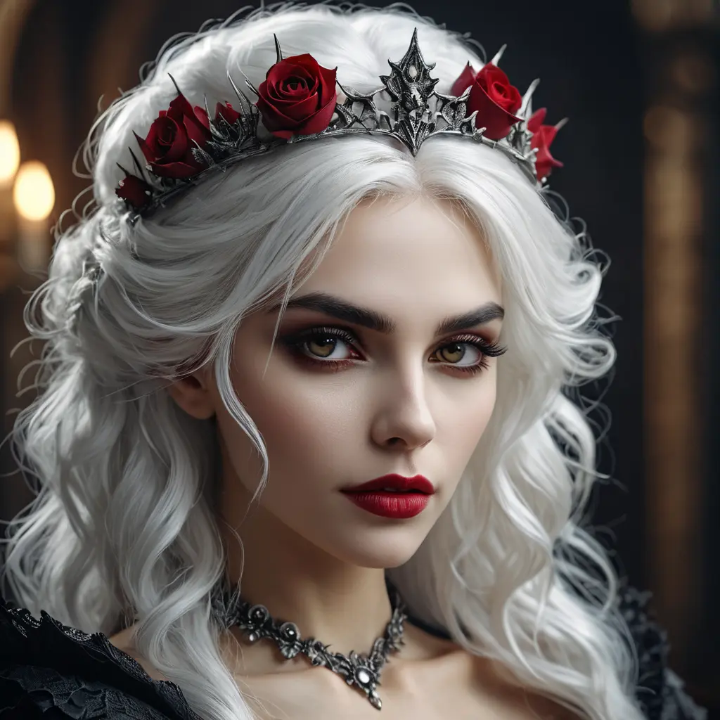 Alluring highly detailed matte portrait of a beautiful white haired vampire with a rose thorn crown in the style of Stefan Kostic, 8k, High Definition, Highly Detailed, Intricate, Half Body, Realistic, Sharp Focus, Fantasy, Elegant