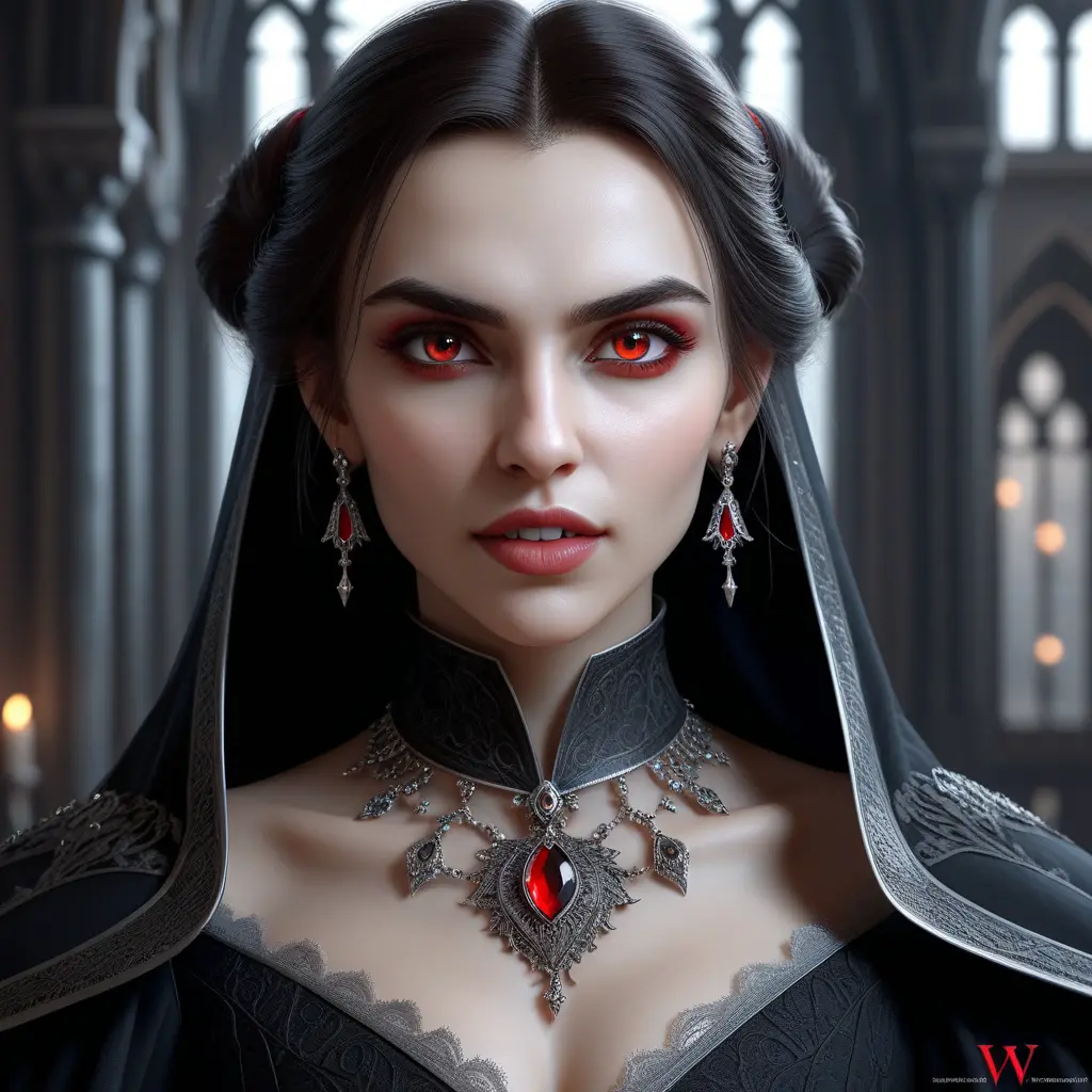 A beautiful romanian vampire woman with penetrating red bright eyes, long fangs, perfect face, 8k, Hyper Detailed, Intricate Details, Masterpiece, Contemporary, Full Body, Trending on Artstation, Gothic, Deviantart, Concept Art by WLOP