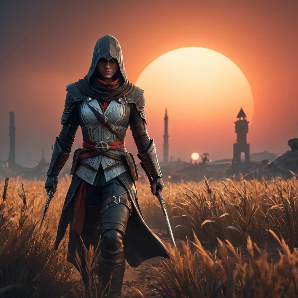 Female assassin creed emerging from a batte field. Sky is colored by a red sun set., Dystopian, Trending on Artstation, Volumetric Lighting by Stefan Kostic