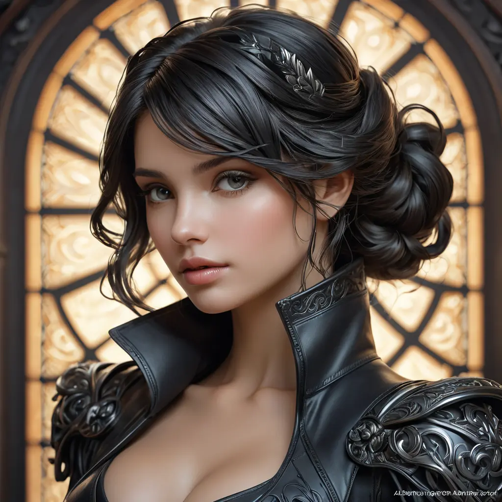 Alluring matte portrait of a beautiful Vex in black leather, 8k, Highly Detailed, Intricate, Half Body, Realistic, Sharp Focus, Volumetric Lighting, Fantasy, Elegant by Stanley Artgerm Lau, Alphonse Mucha, WLOP, Stefan Kostic