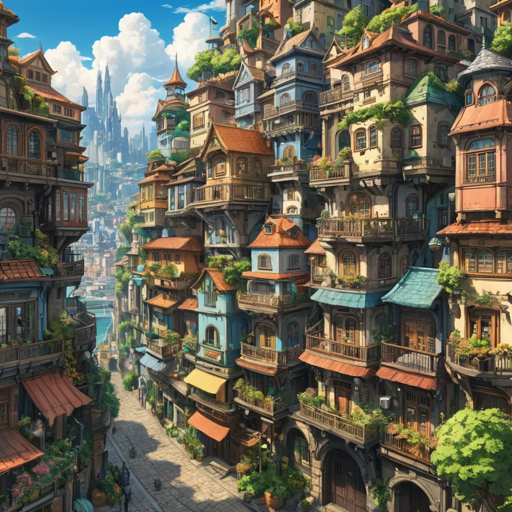 Buildings and homes of a maximalism fantasy city, Highly Detailed, Beautiful, Digital Painting, Anime, Fantasy by Studio Ghibli