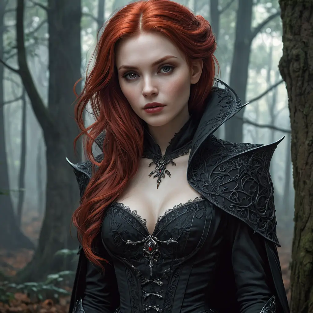 Red haired vampire in a haunted forest, Highly Detailed, Intricate, Gothic, Volumetric Lighting, Fantasy, Dark by Stanley Artgerm Lau