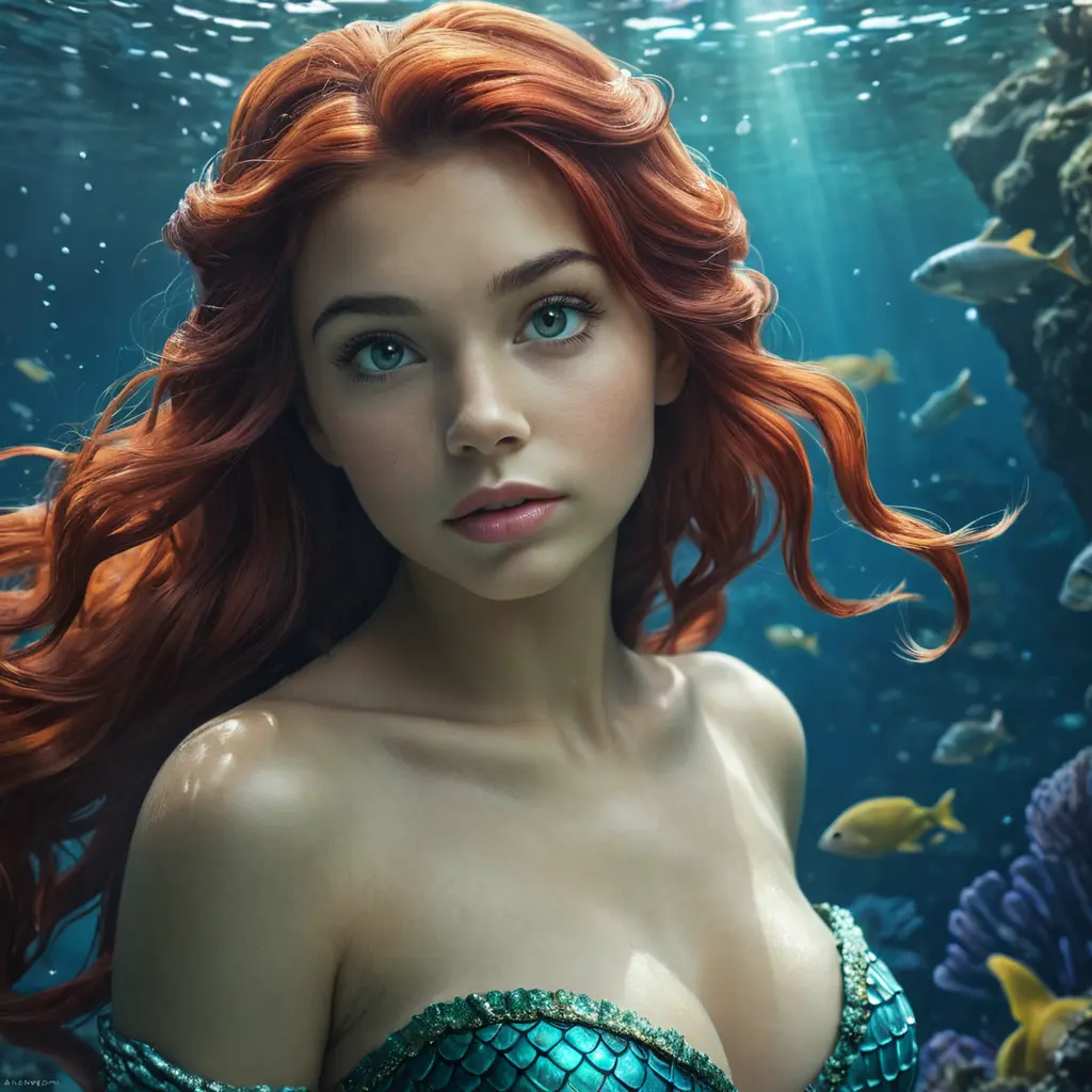 Ariel the mermaid underwater, Ultra Detailed, Half Body, Beautiful, Matte Painting, Sharp Focus, Portrait, Fantasy by Stefan Kostic