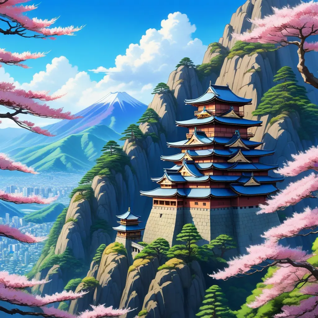 Landscape of a large japanese castle in the tall mountains, with matsu pine trees, with sakura cherry trees, Highly Detailed, Beautiful, Digital Painting, Anime, Fantasy by Studio Ghibli