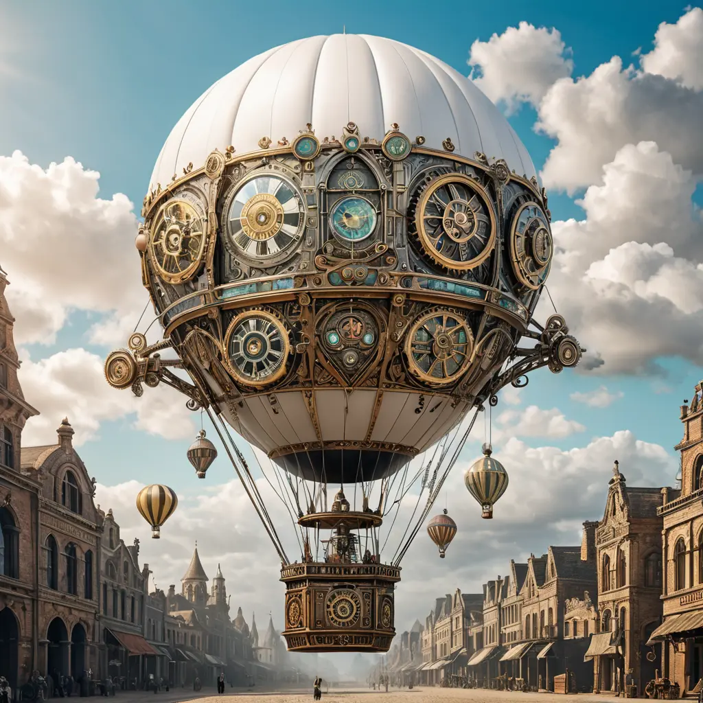 White steampunk hot air balloon with gears, Victorian style Ancient buildings, archeological ruins of lost civilizations and technology, Steampunk, Iridescence