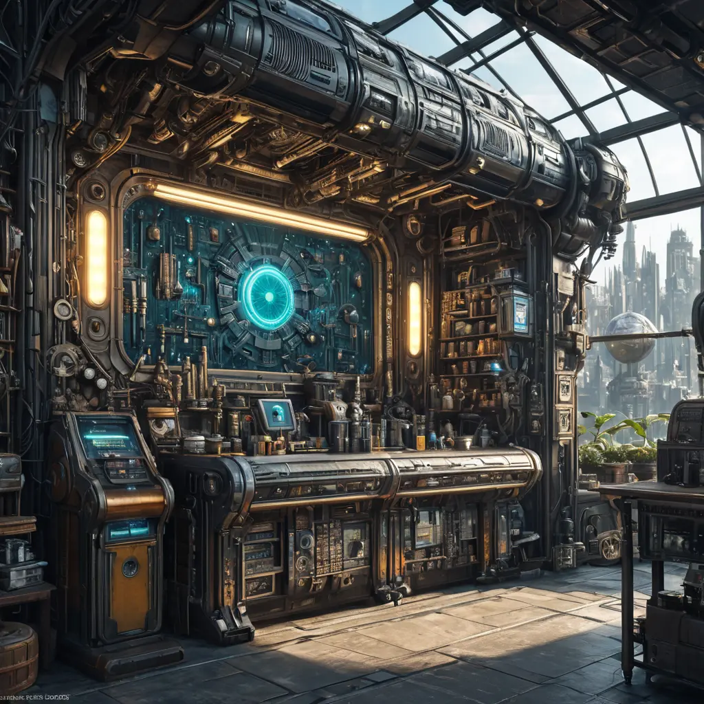 futuristic antique shop, 8k, Dystopian, High Definition, Highly Detailed, Hyper Detailed, Intricate, Intricate Artwork, Intricate Details, Ultra Detailed, Cgsociety, Cybernatic and Sci-Fi, Post-Apocalyptic, Biomechanical, Biopunk, Cassette Futurism, Cyberpunk, Futuristic, Lunarpunk, Pixiecore, Sci-Fi, Science Fiction, Solarpunk, Sparklecore, Unimaginable Beauty, Voidpunk, Matte Painting, Sharp Focus by Stefan Kostic