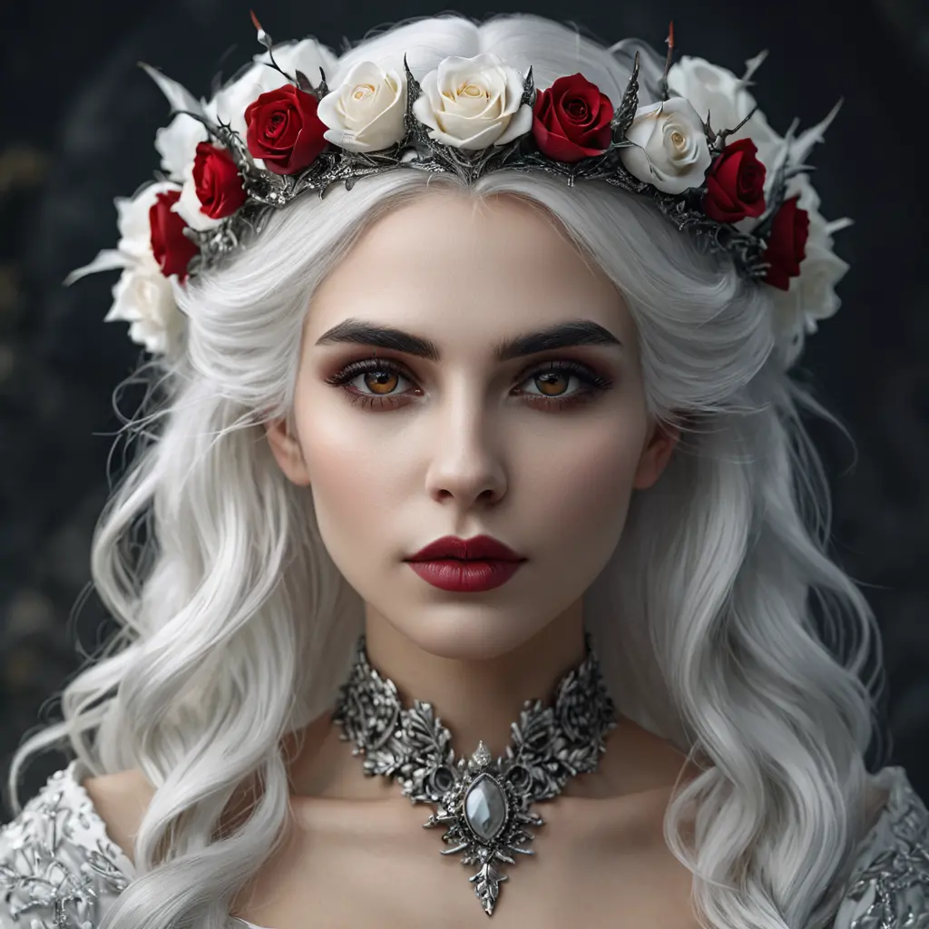 Alluring highly detailed matte portrait of a beautiful white haired vampire with a rose thorn crown in the style of Stefan Kostic, 8k, High Definition, Highly Detailed, Intricate, Half Body, Realistic, Sharp Focus, Fantasy, Elegant