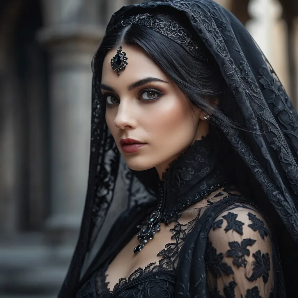 Alluring portrait of a beautiful raven black haired veiled vampire in the style of Stefan Kostic, 8k, High Definition, Highly Detailed, Intricate, Half Body, Realistic, Sharp Focus, Fantasy, Elegant