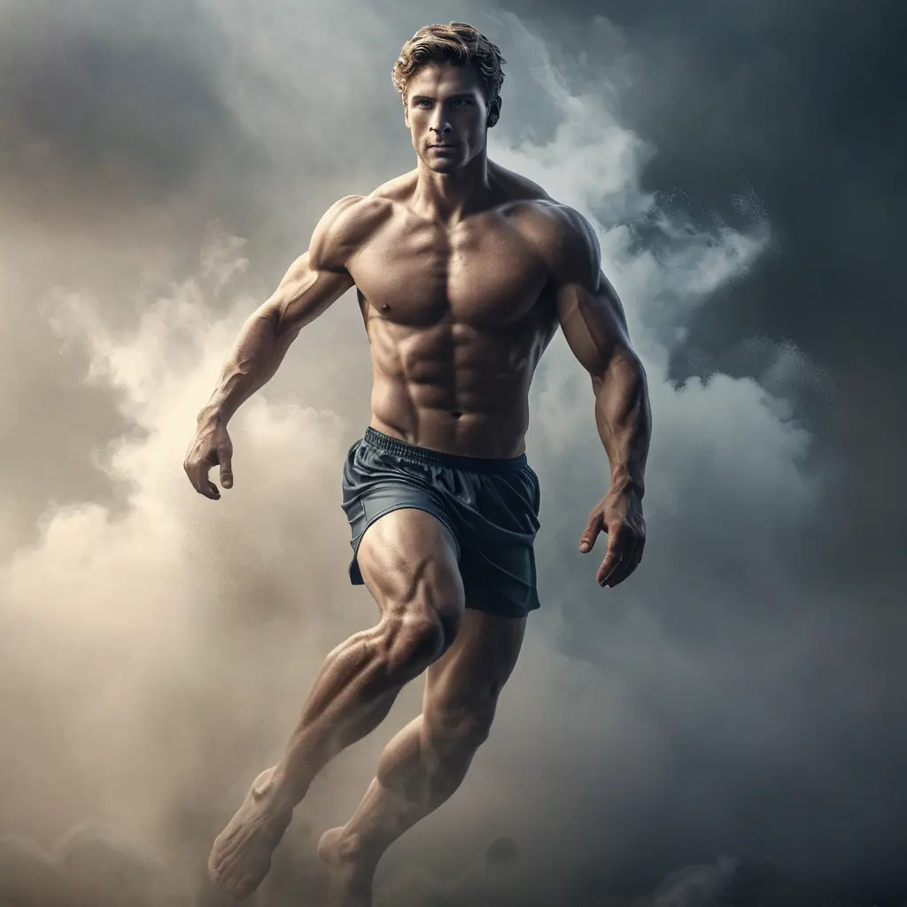 Matte portrait of an athletic Achilles emerging from the fog of war, Intricate Details, Bokeh effect, Photo Realistic, Volumetric Lighting by Greg Rutkowski