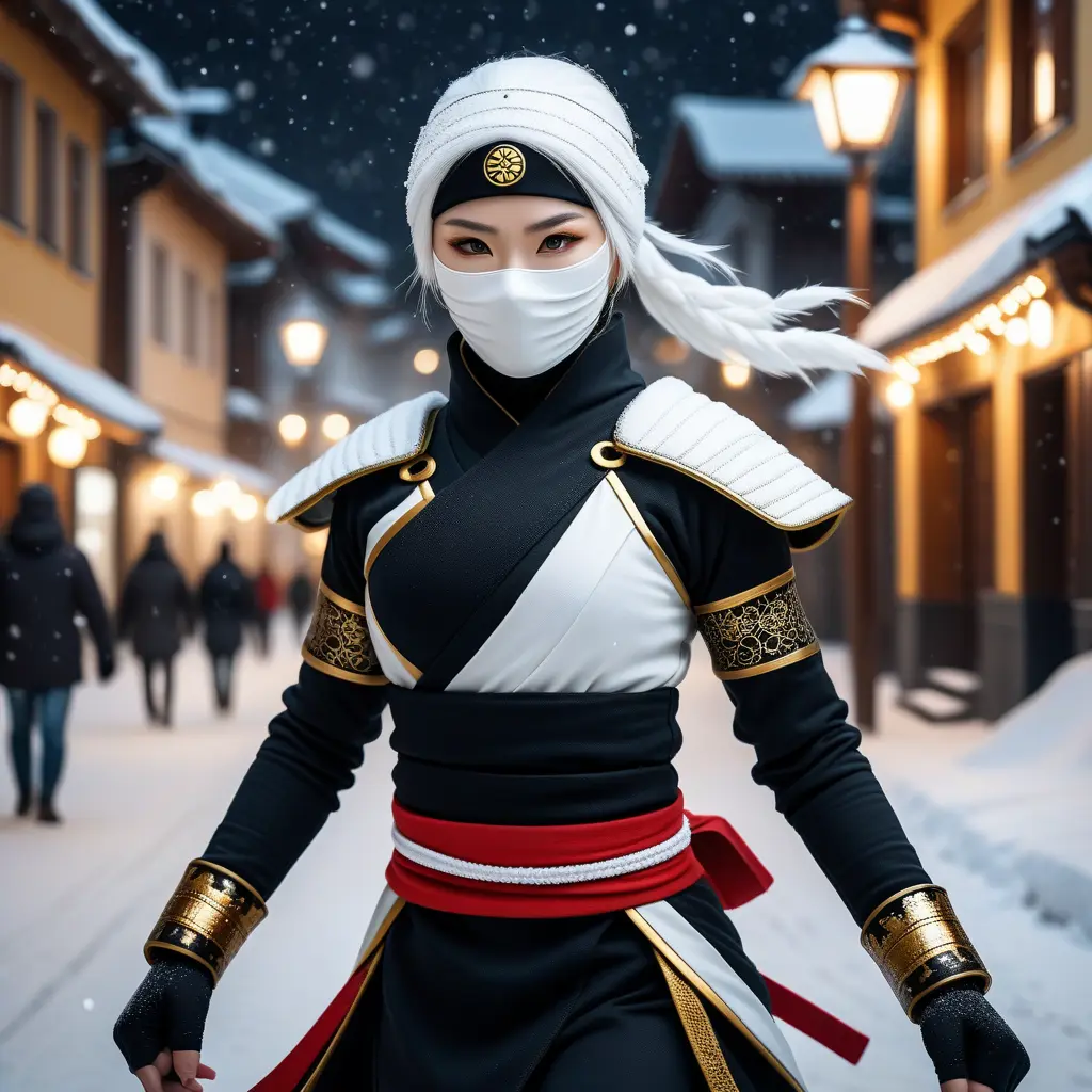 Mysterious beautiful white kunoichi ninja wearing black, red and gold in the streets of a dark snowy town in russia, Intricate Details, Bokeh effect, Photo Realistic, Volumetric Lighting by Stefan Kostic