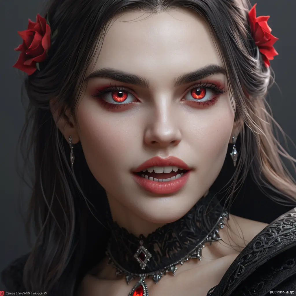 A beautiful romanian vampire woman with penetrating red bright eyes, long fangs, perfect face, 8k, Hyper Detailed, Intricate Details, Masterpiece, Contemporary, Full Body, Trending on Artstation, Gothic, Deviantart, Concept Art by WLOP