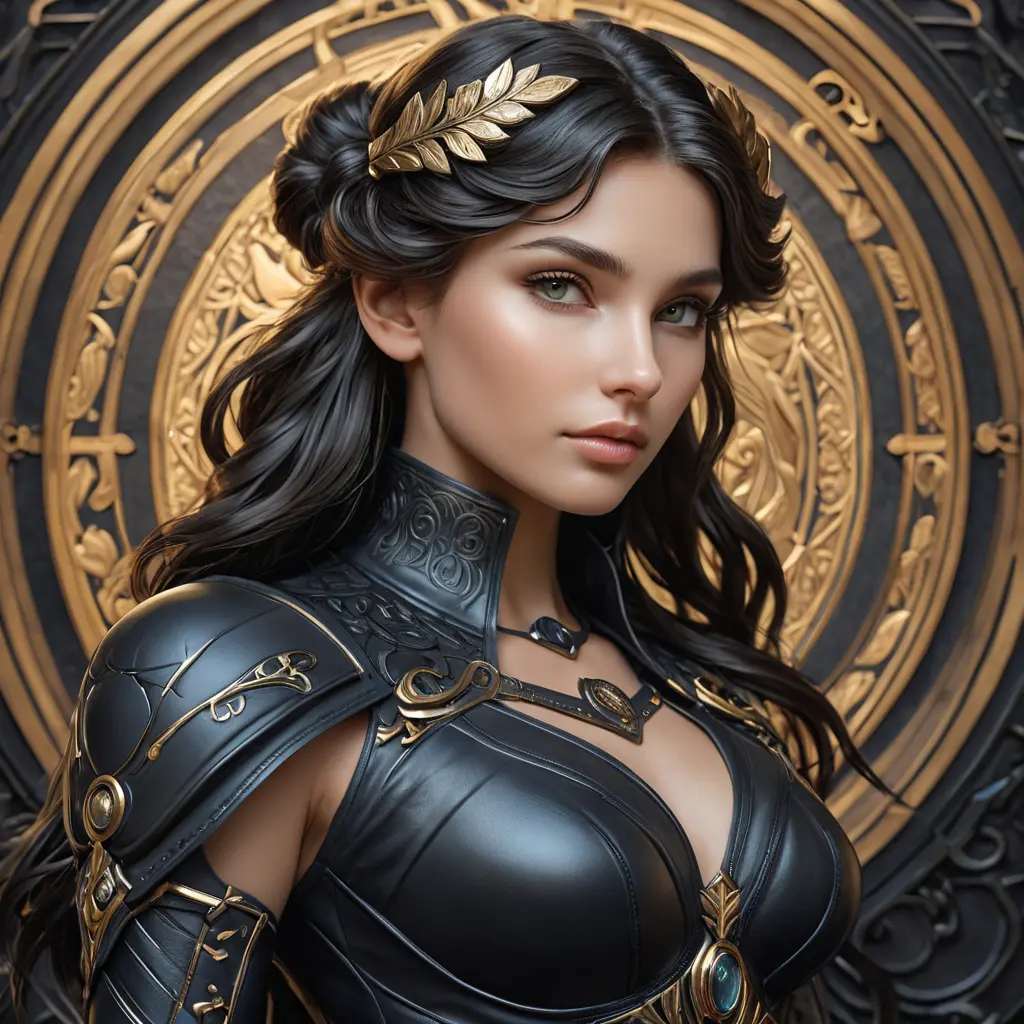 Alluring matte portrait of the beautiful goddess Artemis in black leather, 8k, Highly Detailed, Intricate, Realistic, Sharp Focus, Volumetric Lighting, Fantasy, Elegant by Stanley Artgerm Lau, Alphonse Mucha, WLOP