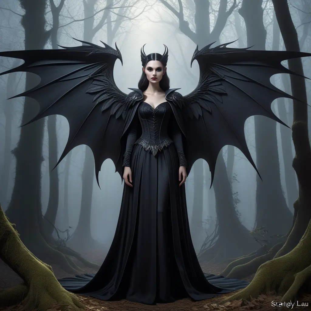 Winged vampiress in a haunted forest, Highly Detailed, Intricate, Gothic, Volumetric Lighting, Fantasy, Dark by Stanley Artgerm Lau