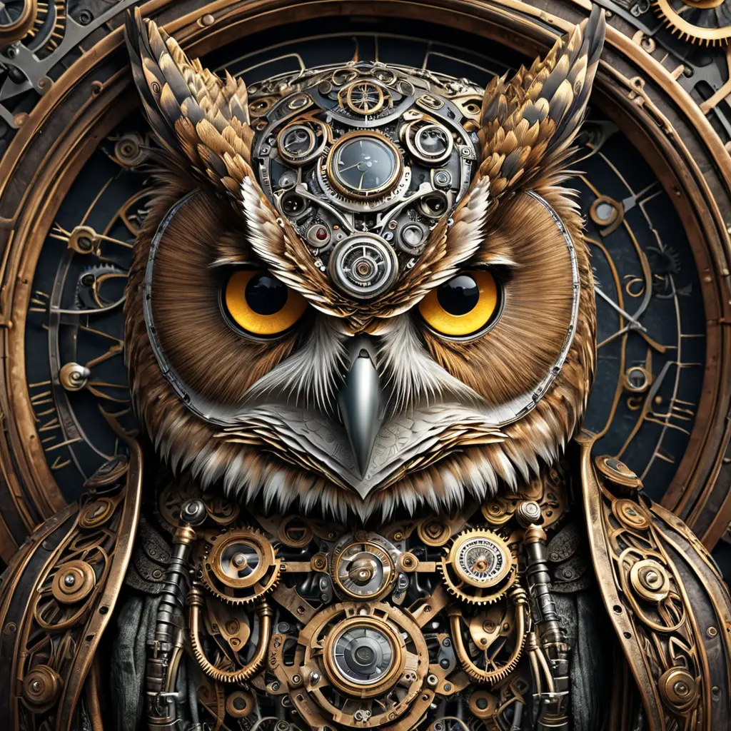 Steampunk portrait of a Owl, inspired by future technology, Highly Detailed, Steampunk