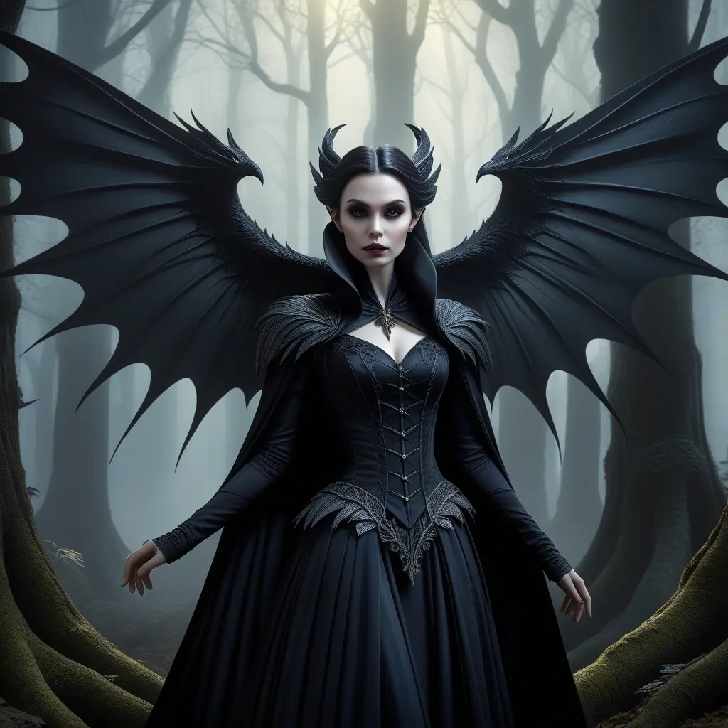 Winged vampiress in a haunted forest, Highly Detailed, Intricate, Gothic, Volumetric Lighting, Fantasy, Dark by Stanley Artgerm Lau