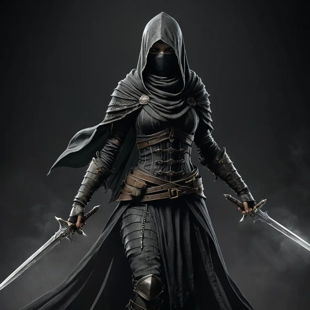 Full body portrait of a Veiled female Assassin with daggers, Highly Detailed, Dark Souls, Volumetric Lighting, Fantasy, Threatening