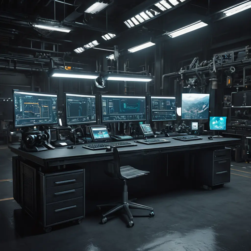 A dark industrial desk from the future with many monitors, Photo Realistic, Volumetric light effect, Octane Render, Unreal Engine, Ambient Occlusion, Maximalism, Industrial by Beeple