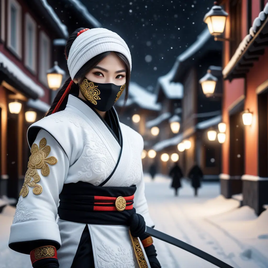 Mysterious beautiful white kunoichi ninja wearing black, red and gold in the streets of a dark snowy town in russia, Intricate Details, Bokeh effect, Photo Realistic, Volumetric Lighting by Stefan Kostic