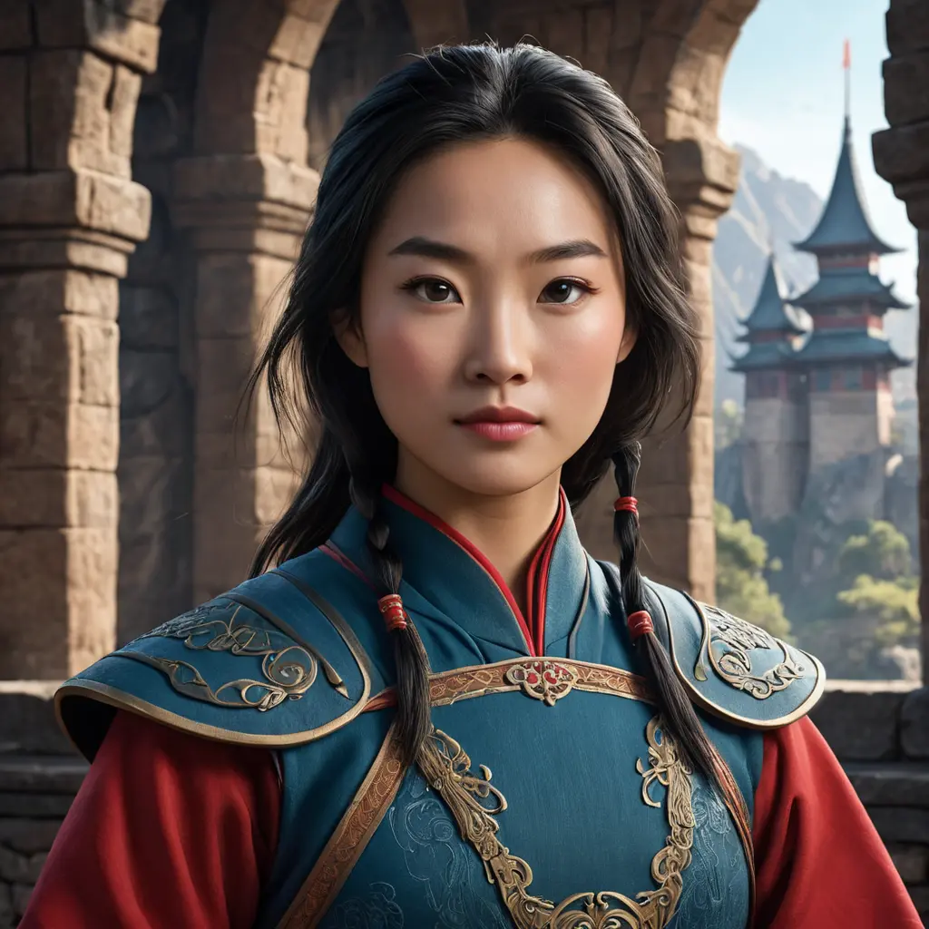 Matte portrait of Mulan inside a castle, Ultra Detailed, Half Body, Beautiful, Matte Painting, Sharp Focus, Portrait, Fantasy by Stefan Kostic